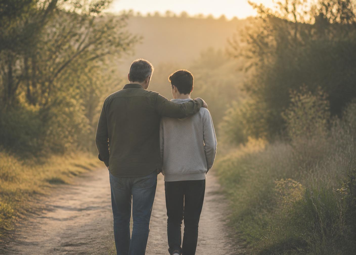 A parent and teenager walking together in warm late-afternoon light