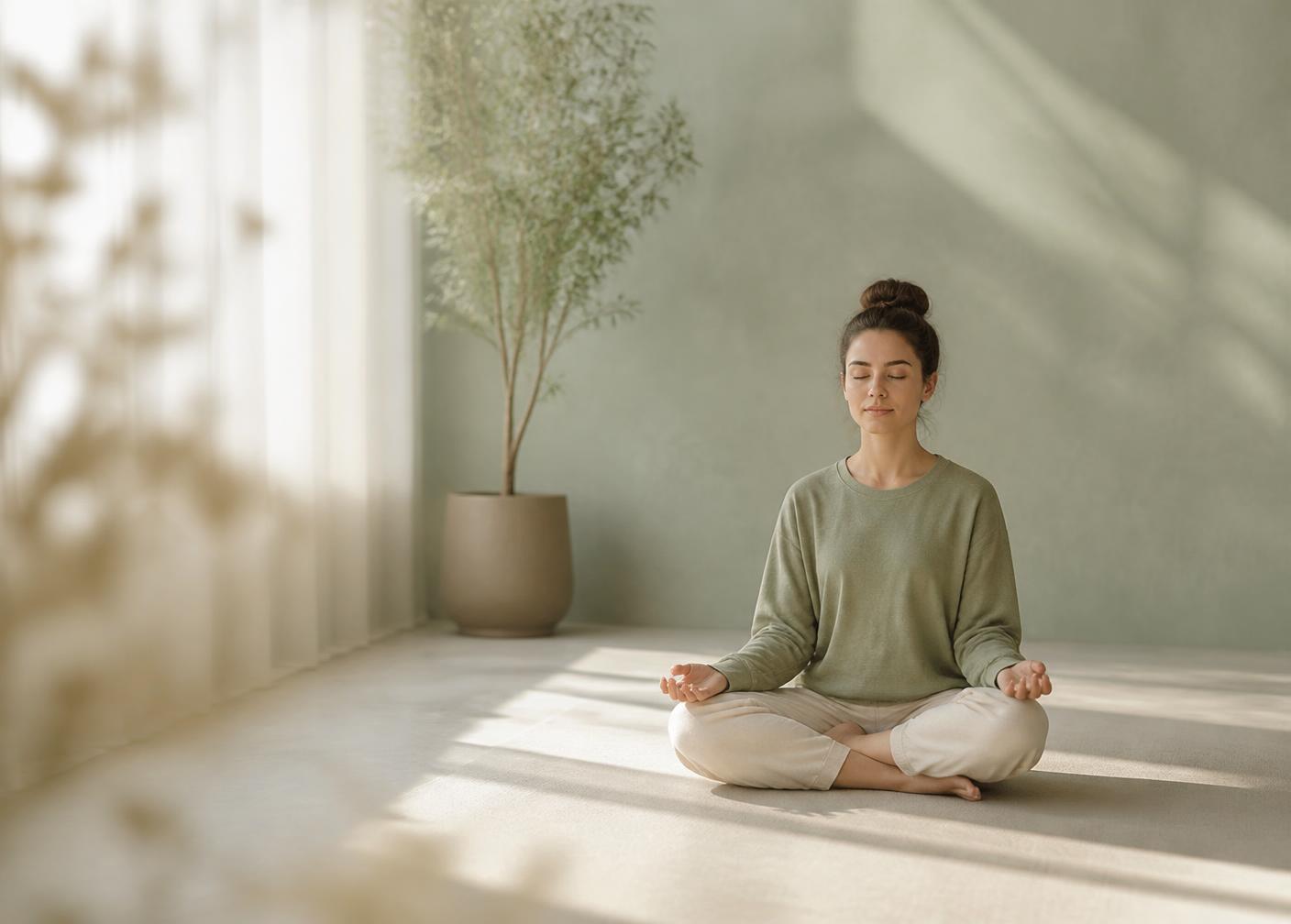A person sitting quietly with eyes closed in soft natural light